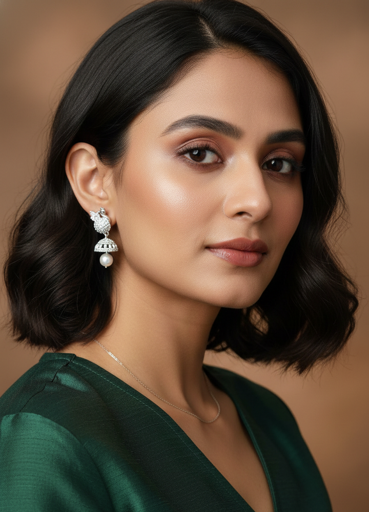 Elegant Silver-Plated AD Stone Jhumkas with Pearl Drop