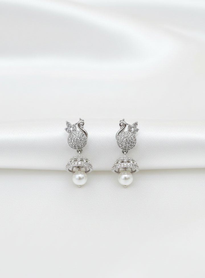 Elegant Silver-Plated AD Stone Jhumkas with Pearl Drop