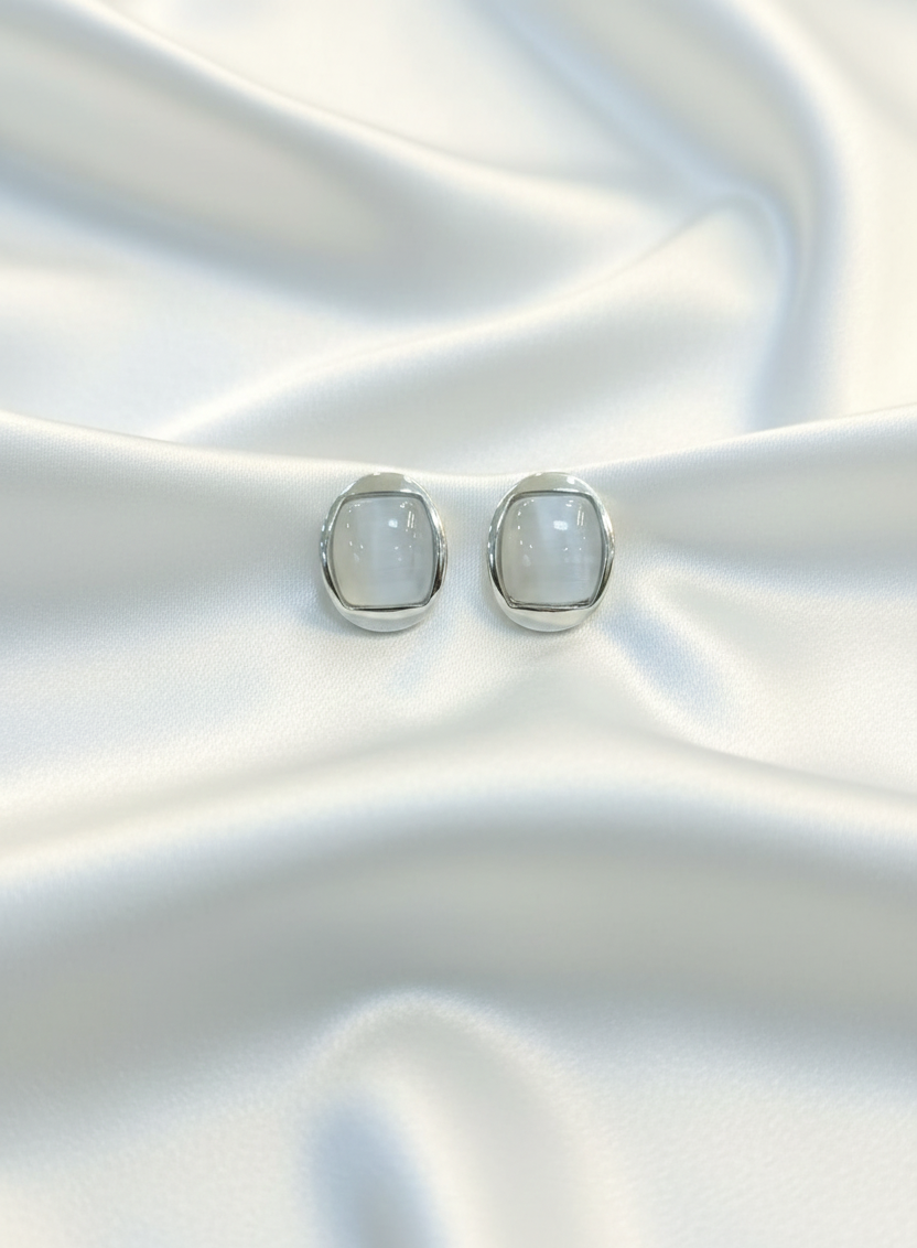 Serene Moon-Mist Studs | Anti-Tarnish Sterling Silver & Iridescent Moonstone Earrings