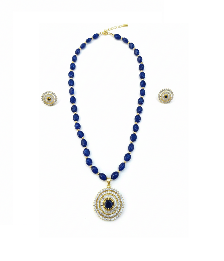 Semi-Precious Beaded Long Necklace with Elegant Blue Studs
