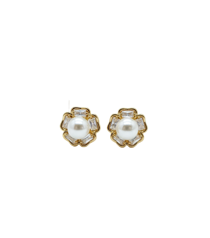 Elegant Pearl & Zirconia Flower Stud Earrings