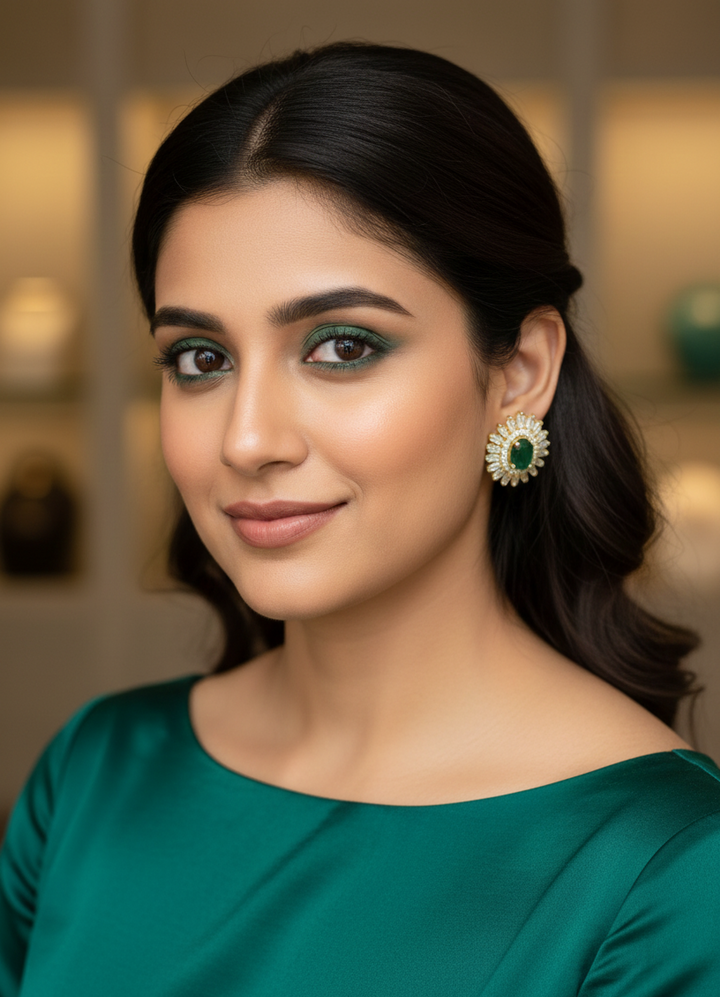 Regal Emerald & Diamond Halo Stud Earrings in 18K Gold