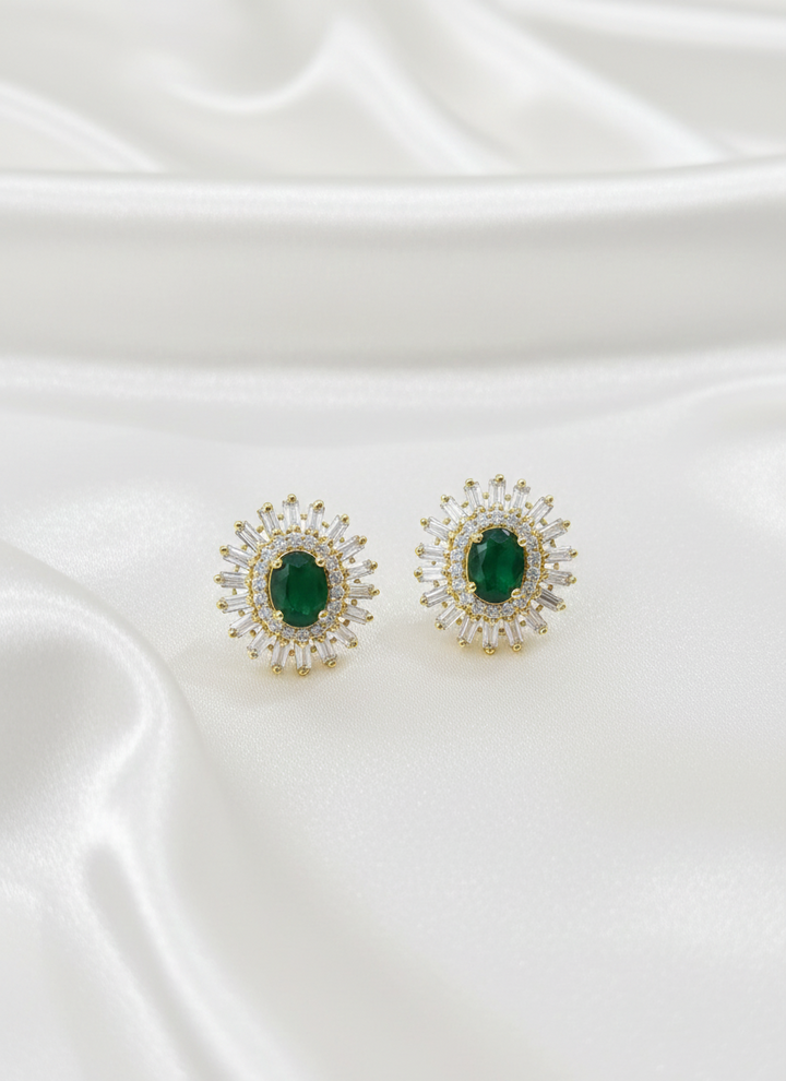 Regal Emerald & Diamond Halo Stud Earrings in 18K Gold