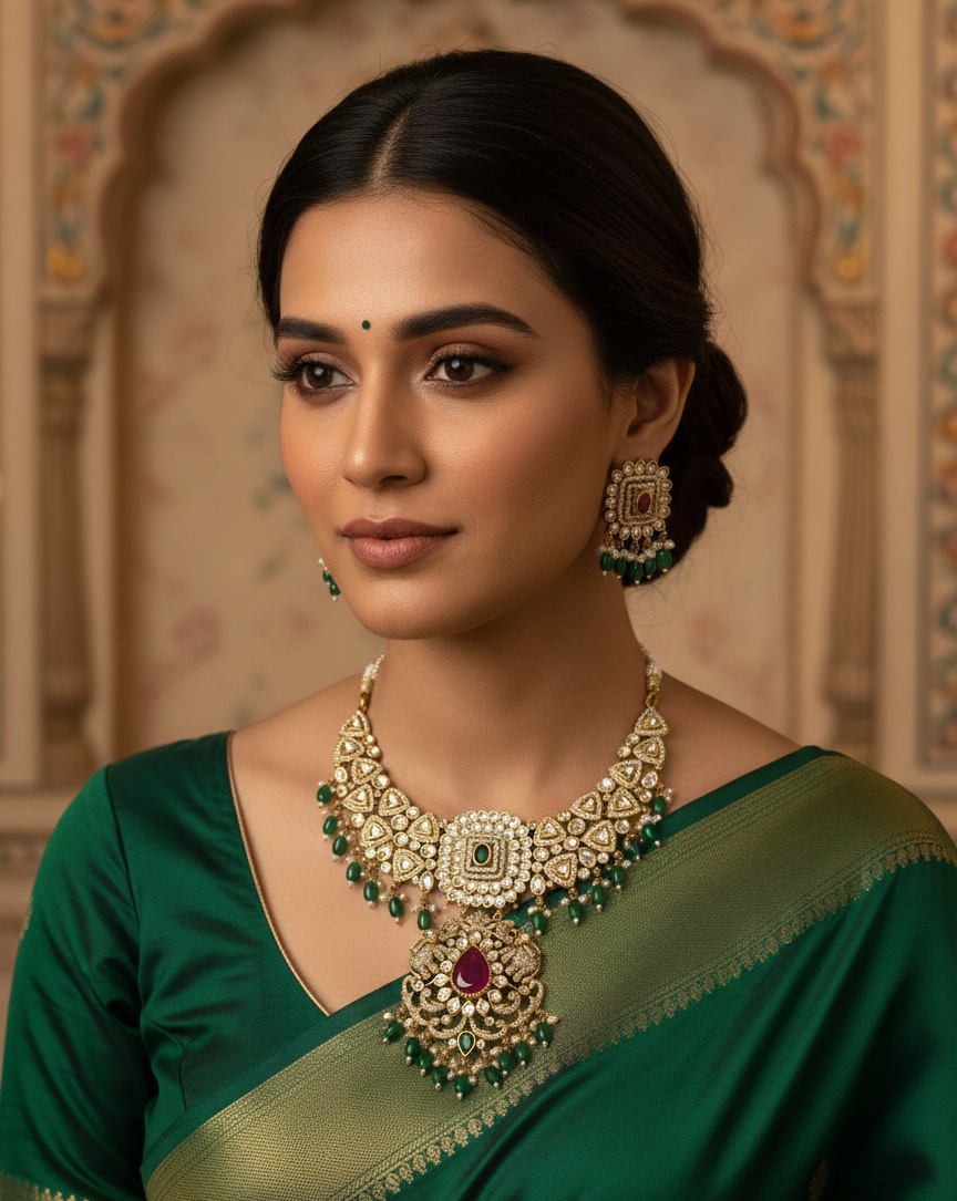 Exquisite Emerald & Ruby Kundan Necklace Set
