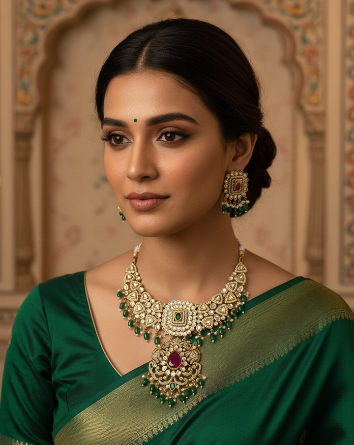 Exquisite Emerald & Ruby Kundan Necklace Set