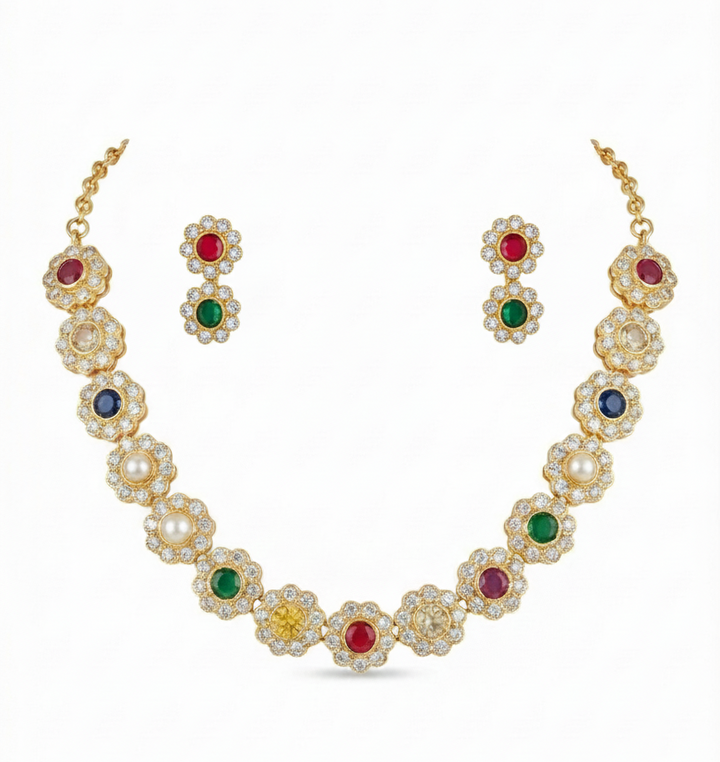 Amara Multi-Color Floral Necklace Set - Premium Gold Polish (1-Year Warranty)