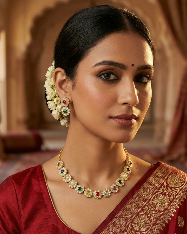 Amara Multi-Color Floral Necklace Set - Premium Gold Polish (1-Year Warranty)