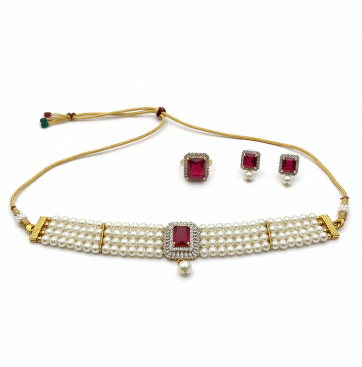 The "Crimson Elegance" Pearl Choker Set