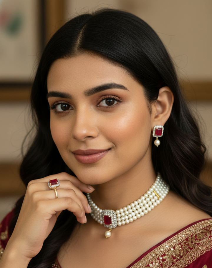 The "Crimson Elegance" Pearl Choker Set