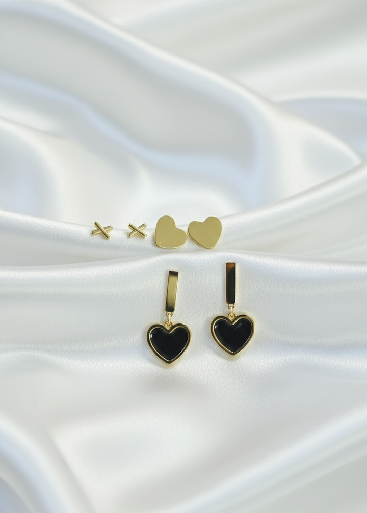 Heart & Cross Triple Earring Set – 18K Gold PVD Plated Stainless Steel