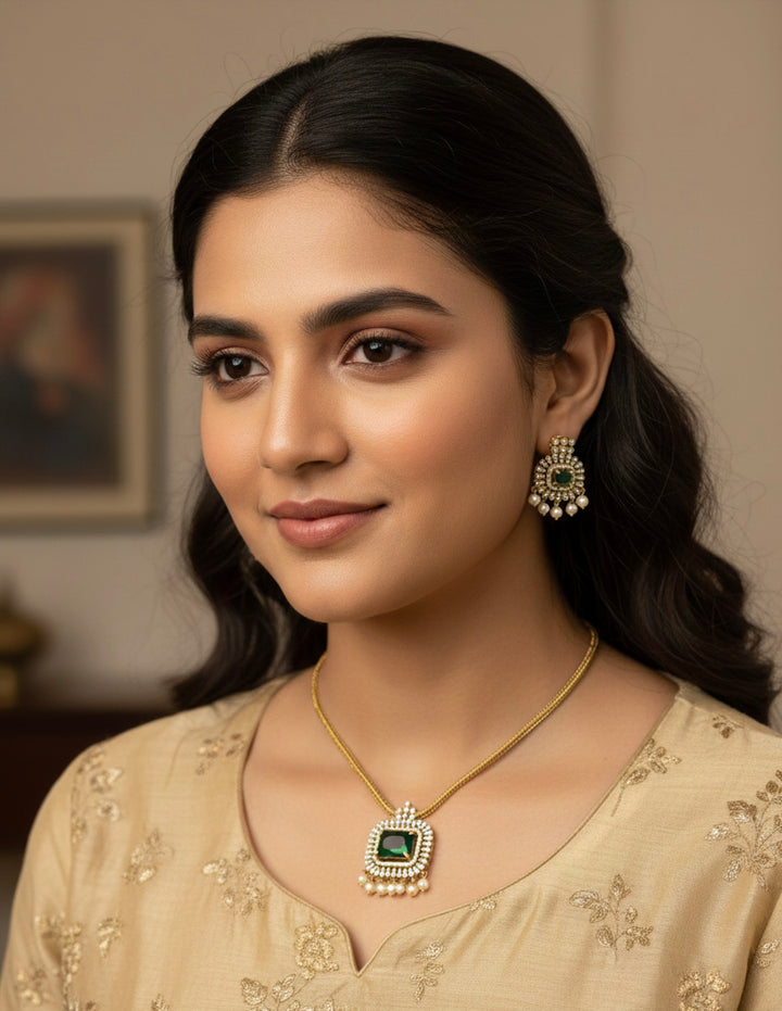 Regal Emerald & Pearl Gold-Plated Choker Set with Matching Studs