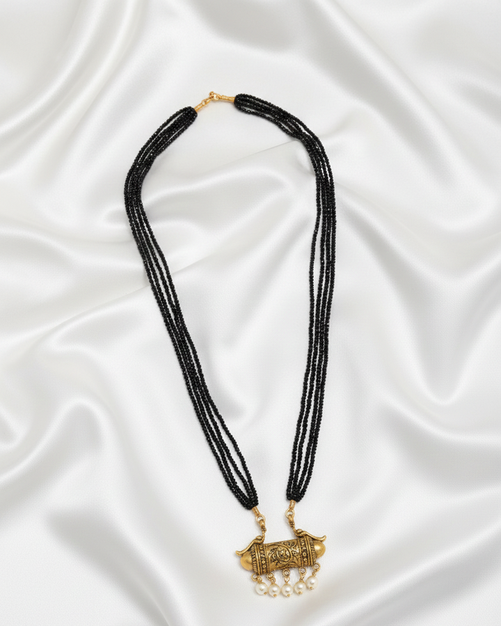 Antique Dholki Pendant Necklace with Multi-Strand Black Onyx Beads
