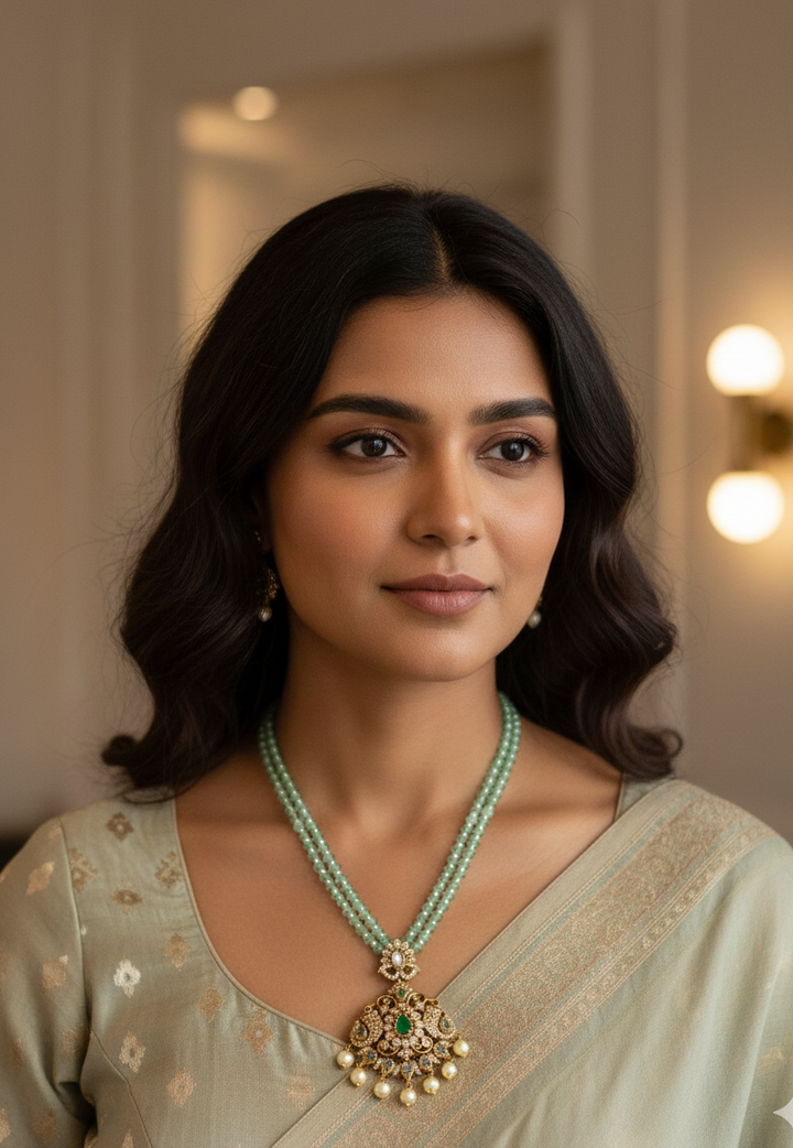 Elegant Emerald & Pearl Dual-Strand Haran Necklace