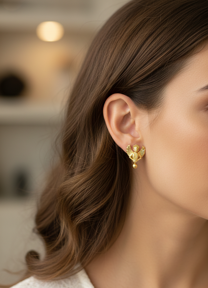 Regal Winged Goddess Gold-Polished Studs