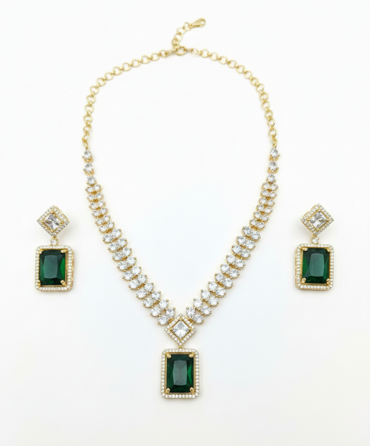 Regal Emerald Green & CZ Gold Plated Necklace Set - 1 Year Warranty