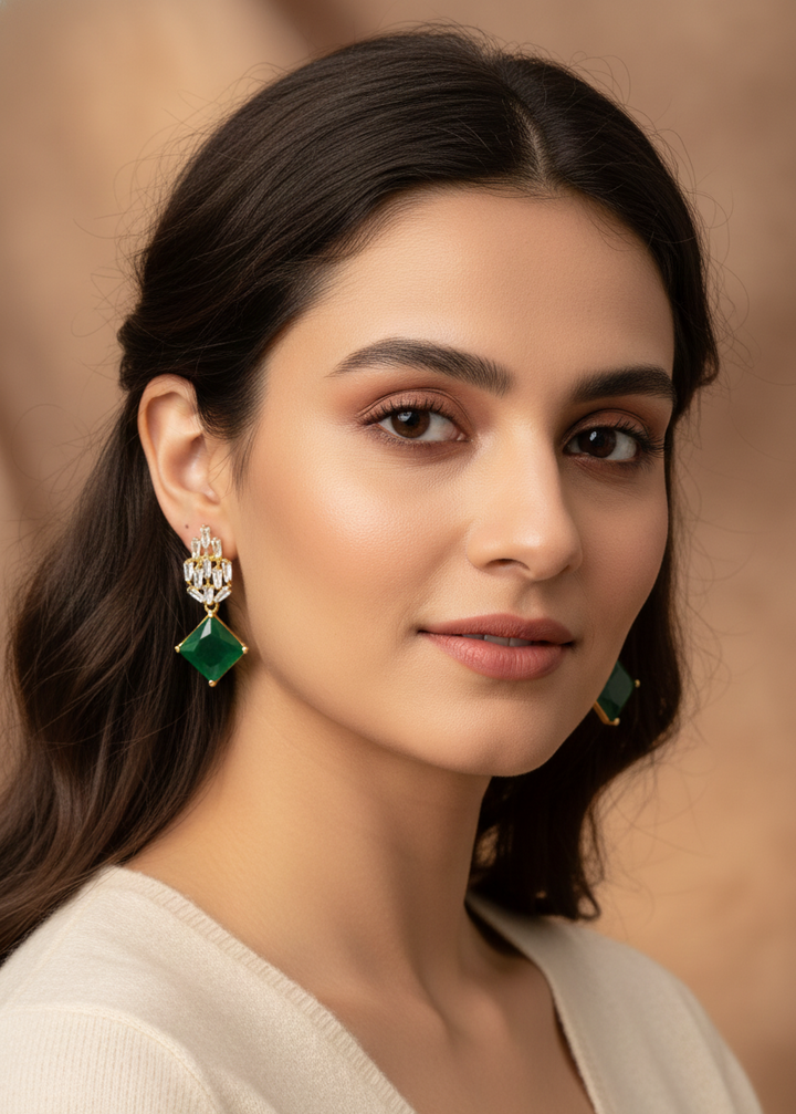 Emerald & Diamond Geometric Drop Earrings