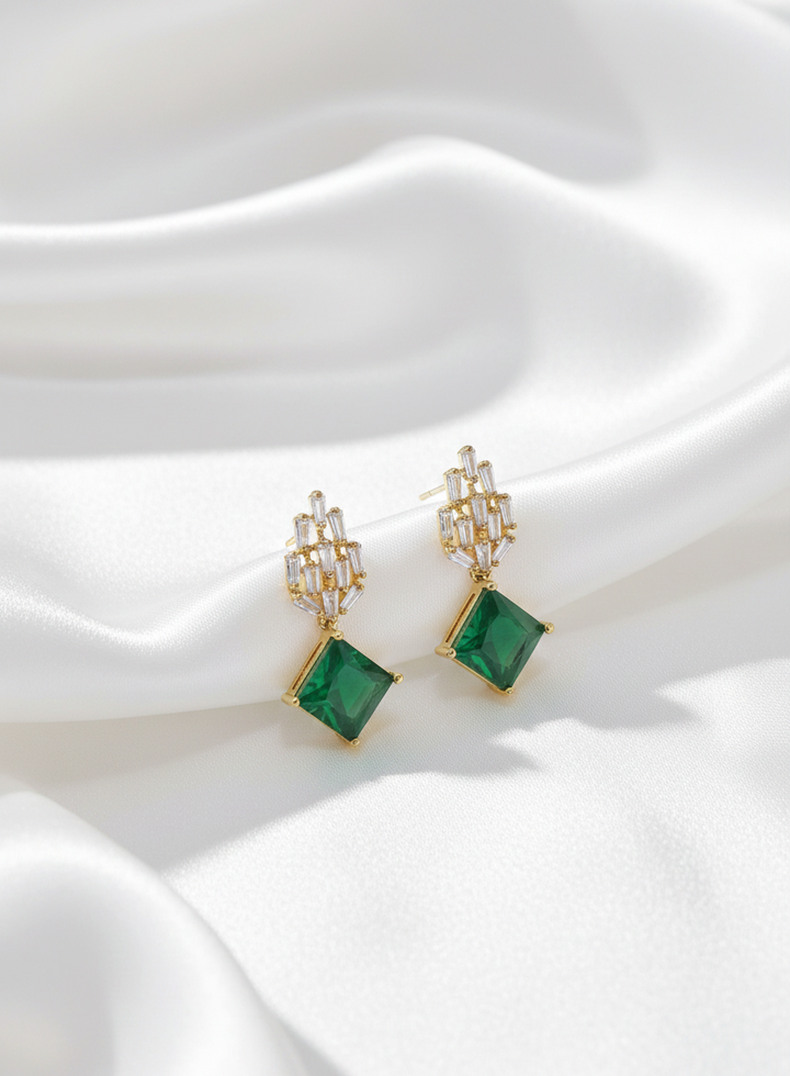 Emerald & Diamond Geometric Drop Earrings