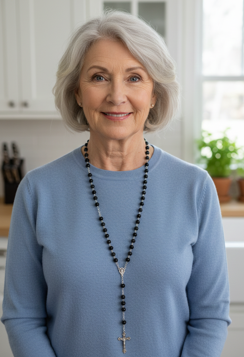 Black Onyx Rosary Necklace with Miraculous Medal and Crucifix