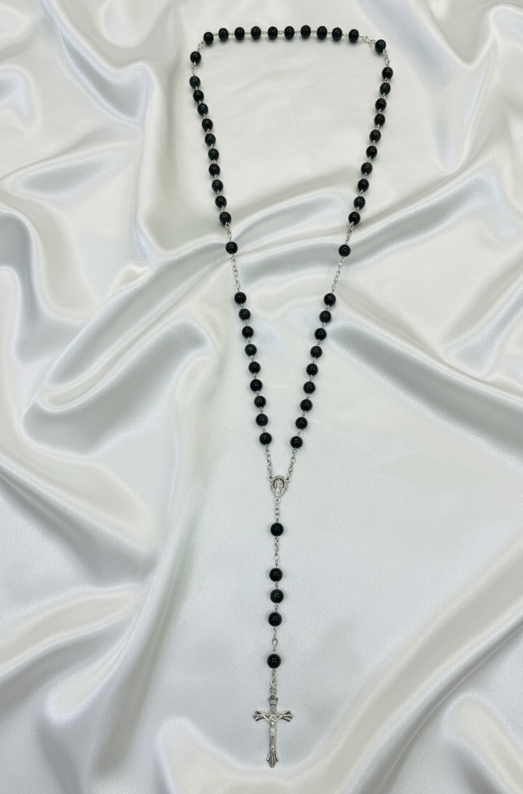 Black Onyx Rosary Necklace with Miraculous Medal and Crucifix