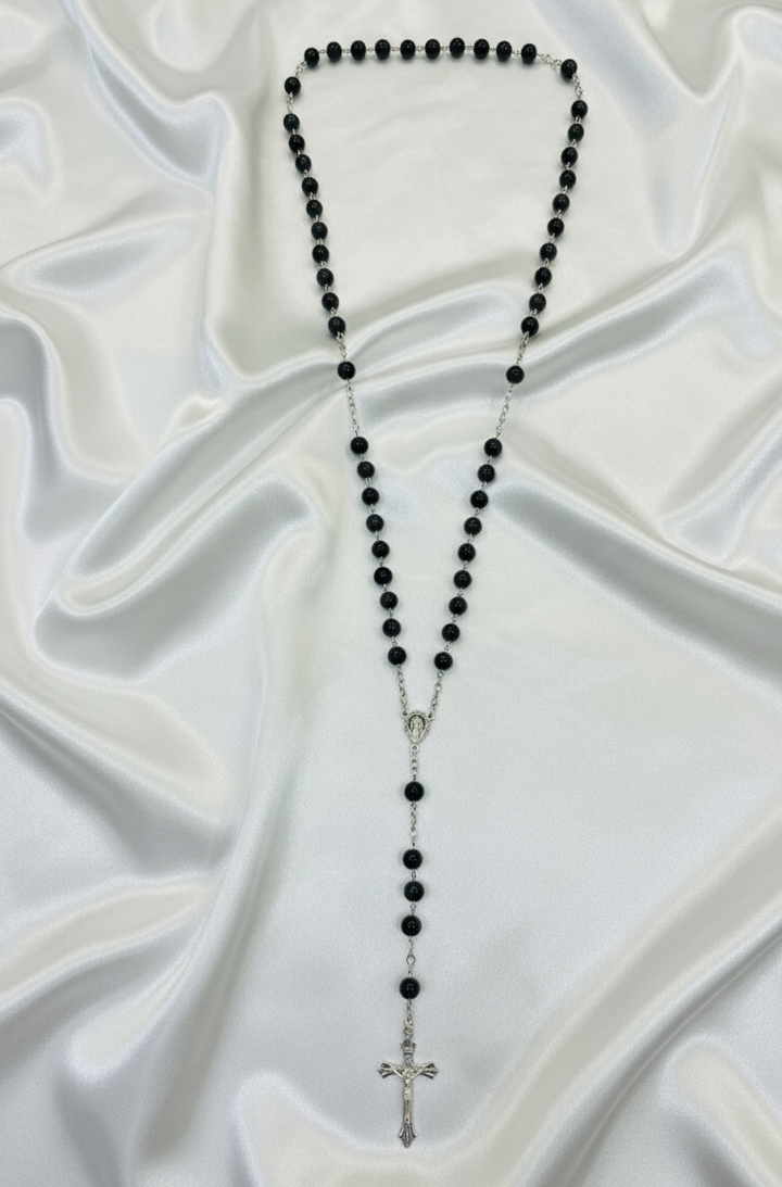 Black Onyx Rosary Necklace with Miraculous Medal and Crucifix