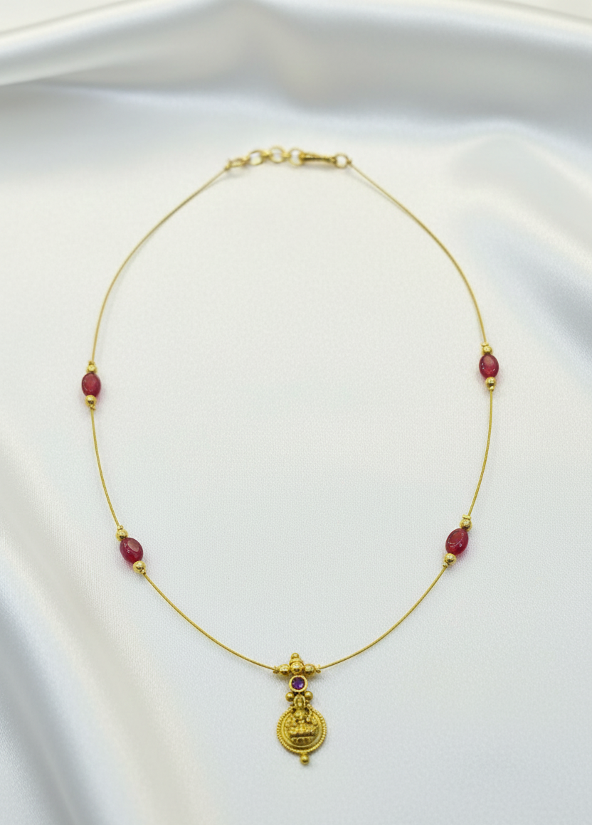 Gold Plated Floating Ruby-Red & Gold Bead "Invisible" Necklace – Dainty Indian Minimalist Jewelry