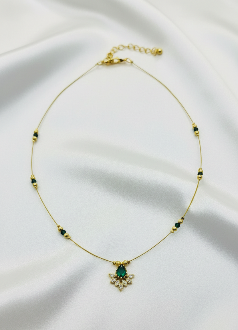 18K Gold-Plated "Invisible" Mangalsutra-Style Necklace with Ruby & Diamond Floret Pendant