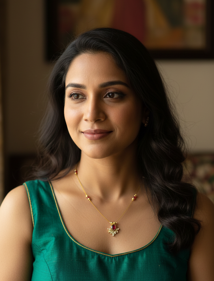 18K Gold-Plated "Invisible" Mangalsutra-Style Necklace with Ruby & Diamond Floret Pendant