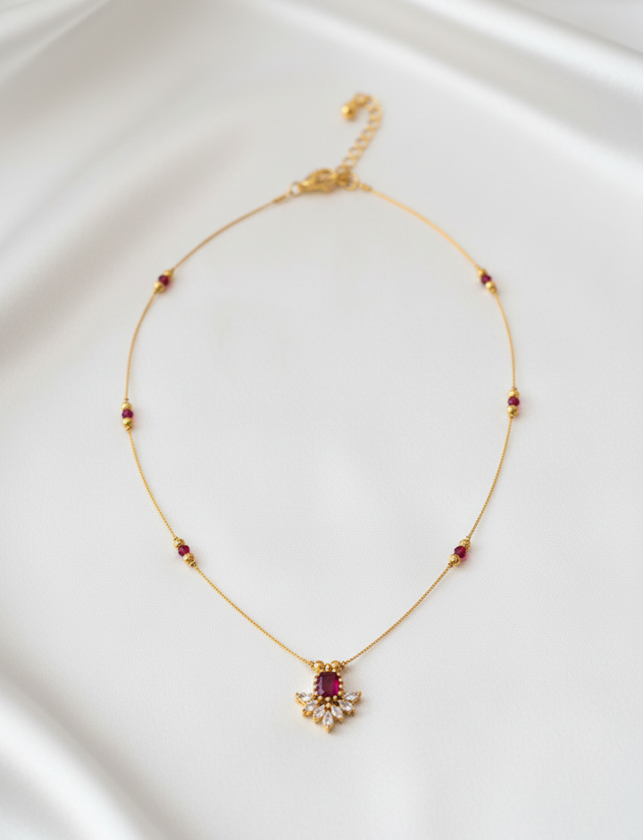 18K Gold-Plated "Invisible" Mangalsutra-Style Necklace with Ruby & Diamond Floret Pendant