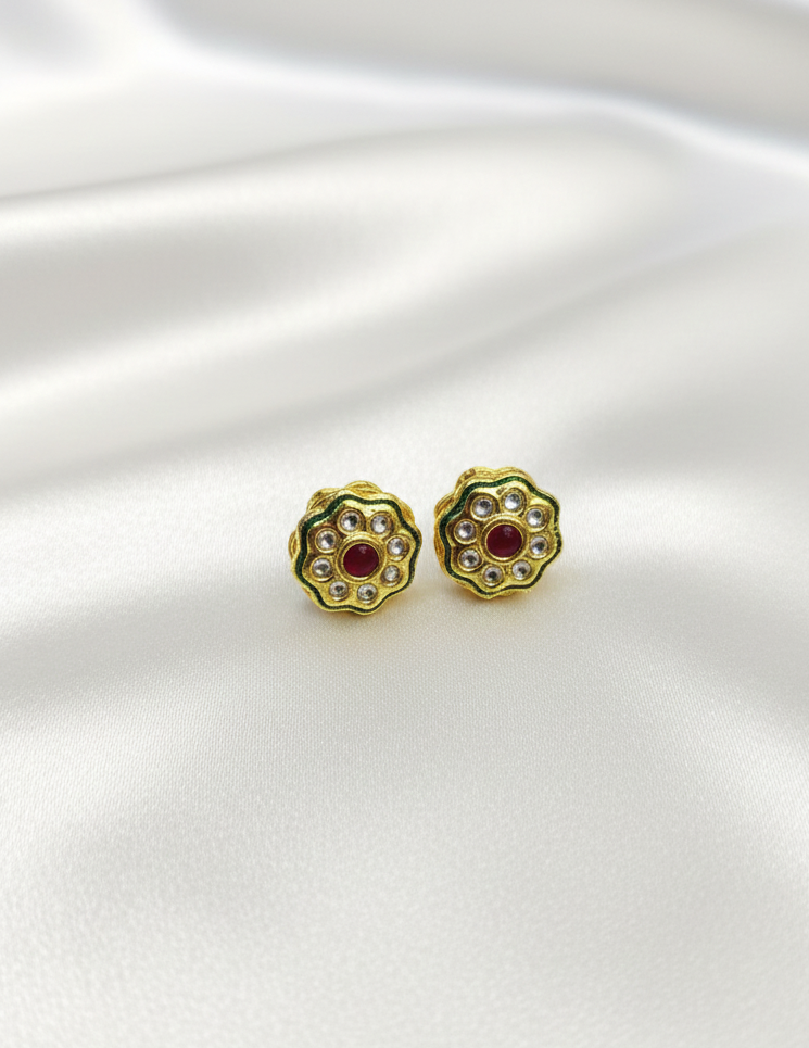 Meenakari Enamelled Kundan Studs in Emerald and Ruby