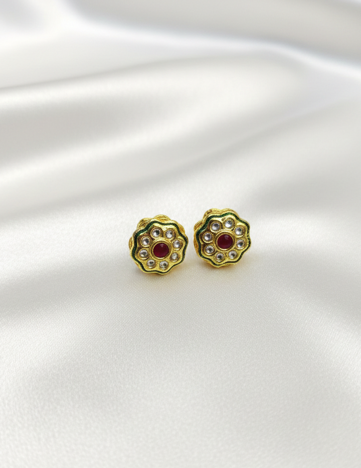Meenakari Enamelled Kundan Studs in Emerald and Ruby
