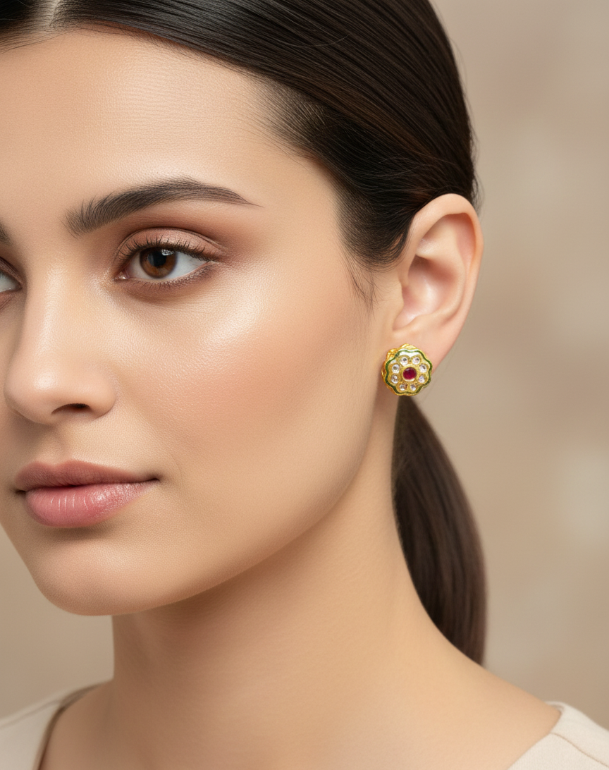 Meenakari Enamelled Kundan Studs in Emerald and Ruby