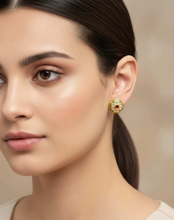 Meenakari Enamelled Kundan Studs in Emerald and Ruby