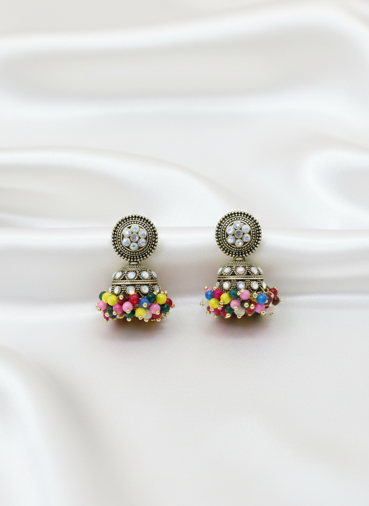 Regal Meenakari Jhumkas with Multi-Color Bead Droplets