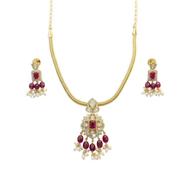 Elegant Gold-Plated Pendant Set with Ruby Stones & Pearl Accents - 1 year warranty