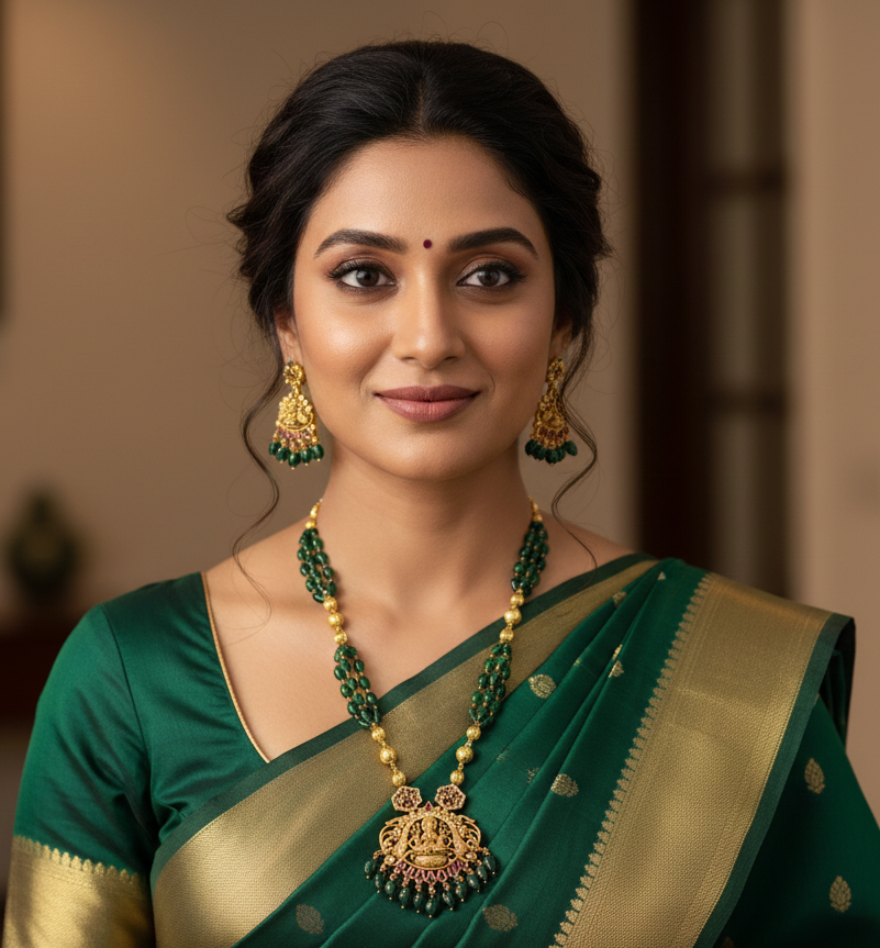 Antique Gold-Plated Lakshmi Pendant Necklace Set with Emerald Green Beads