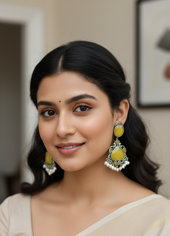 Regal Sunshine: Yellow Stone & Pearl Chandbali Earrings