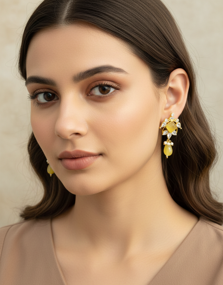 Heritage Yellow & Pearl Polki Drop Earrings